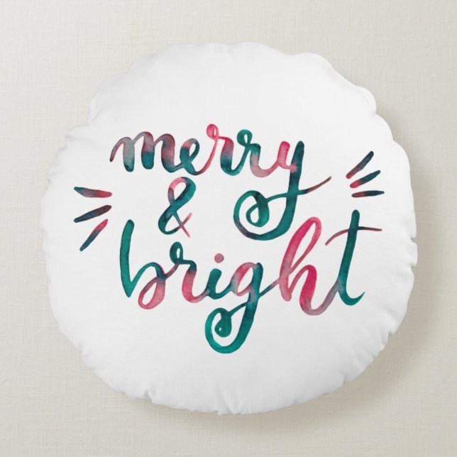 Merry and bright - green and pink round pillow (Front)