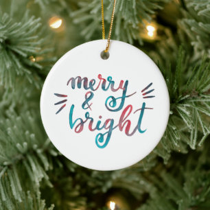 Merry and bright - green and red ceramic ornament