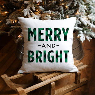 Merry and Bright Green Buffalo Plaid Christmas Throw Pillow