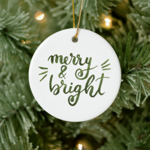 Merry and bright - green ceramic ornament