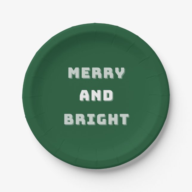 Merry and Bright, Green Christmas Art, Holiday Paper Plate (Front)