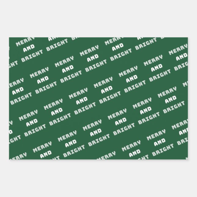 Merry and Bright, Green Christmas Art, Holiday Wrapping Paper Sheet (Front)