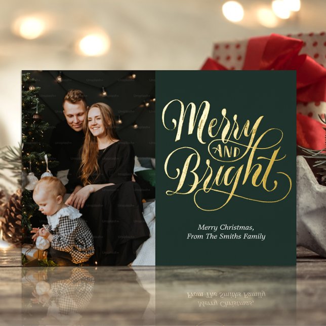 Merry and Bright Green Gold Calligraphy Photo Foil Holiday Card (Creator Uploaded)