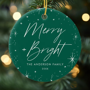 Merry and Bright Green Holiday Photo Ceramic Ornament