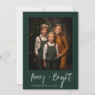 Merry and bright, green minimal christmas photo holiday card