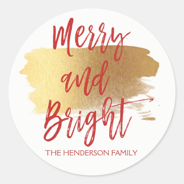 Merry and Bright Hand Lettered Script Christmas Classic Round Sticker (Front)