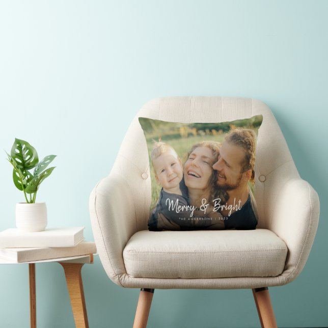 Merry and Bright | Happy Family Christmas Photo Throw Pillow (Chair)