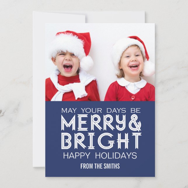 MERRY AND BRIGHT HAPPY HOLIDAYS PHOTO CARD BLUE (Front)