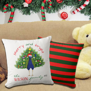 Merry and Bright Holiday Christmas Tree Peacock Throw Pillow