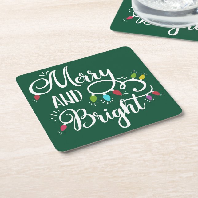 merry and bright holiday lights square paper coaster (Angled)