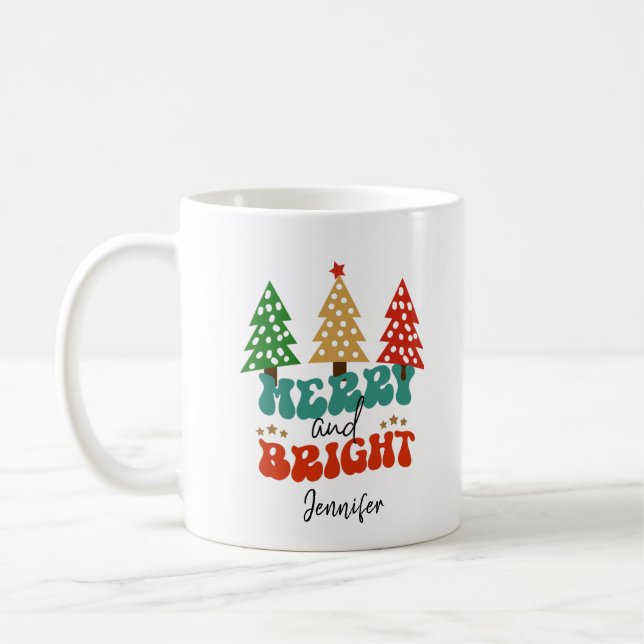 Merry and Bright Holidays Christmas Trees Coffee Mug (Left)