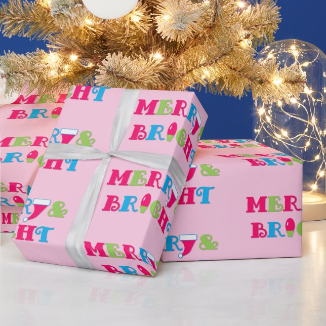 Merry and Bright Hot Pastel Pink Christmas Wrapping Paper (Holidays)