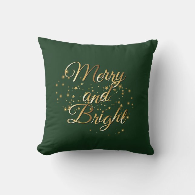 Merry and Bright Luxe, Dark Green & Gold Design Throw Pillow (Front)