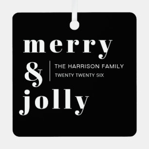 Merry and Bright Minimal Black White Christmas Metal Ornament