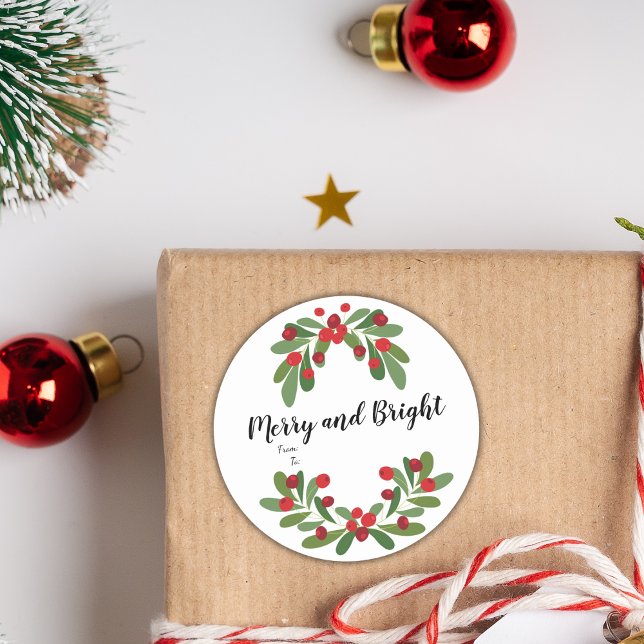 Merry and Bright Mistletoe Holiday Classic Round Sticker (Creator Uploaded)
