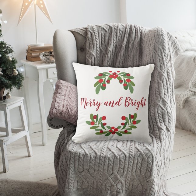 Merry and Bright Mistletoe Holiday Throw Pillow (Creator Uploaded)