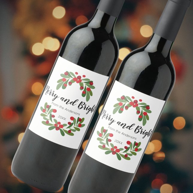 Merry and Bright Mistletoe Holiday Wine Label (Creator Uploaded)