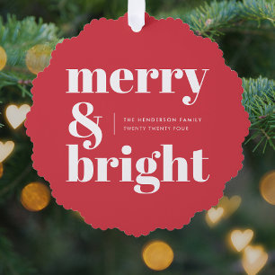 Merry and Bright Modern Christmas Bright Red Ornament Card