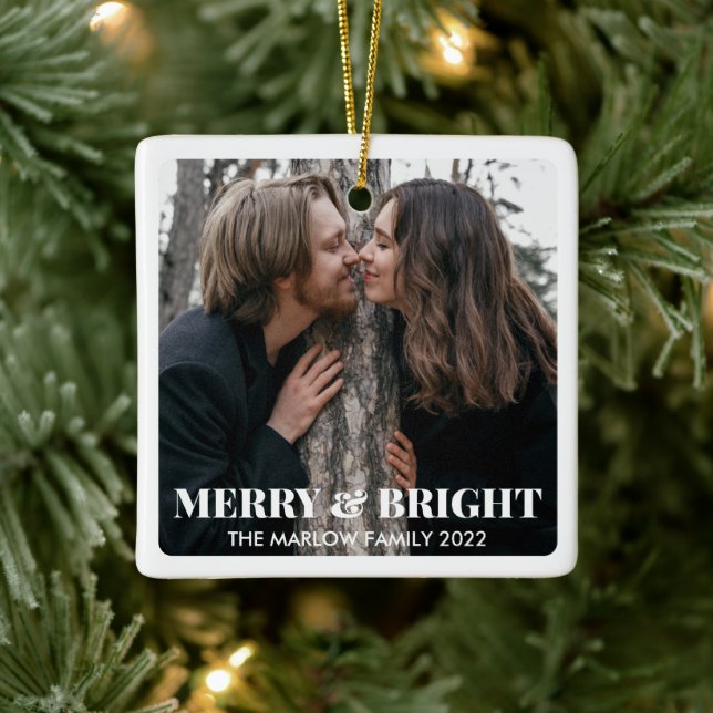 Merry and Bright Modern Christmas Couple Photo Ceramic Ornament (Tree)