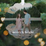 Merry and Bright | Modern Christmas Couple Photo Ornament Card<br><div class="desc">A stylish modern holiday photo ornament with a bold retro typography quote "merry & bright" in white. The greeting, name and year can be easily customized for a personal touch. A trendy, minimalist and contemporary design to stand out this holiday season! The image shown is for illustration purposes only to...</div>