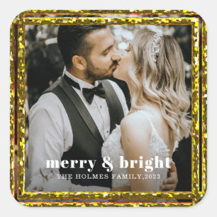 merry and bright modern christmas couple photo  square sticker