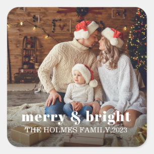 Merry and Bright Modern Christmas family Photo Square Sticker