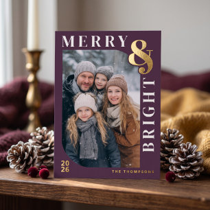Merry and Bright Modern Christmas Photo - Purple Foil Holiday Card
