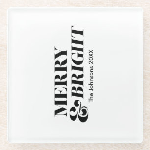 Merry and Bright Modern Christmas Typography Glass Coaster