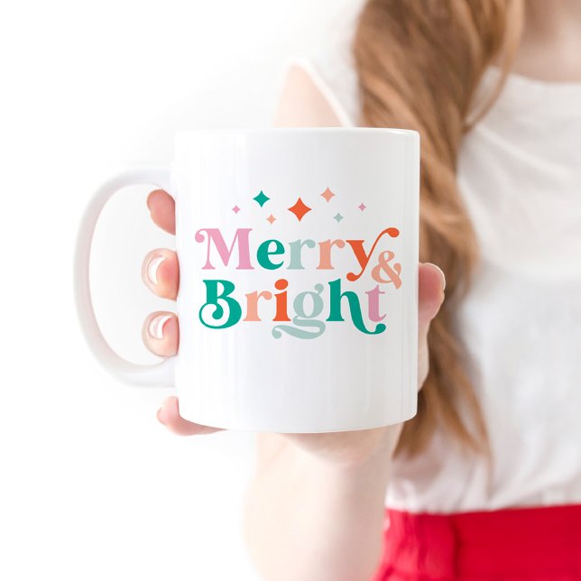 Merry and Bright Modern Colourful Christmas Coffee Mug (Merry and Bright Christmas mug with colorful typography)