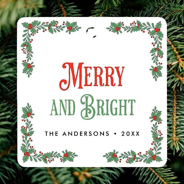 Merry And Bright Modern Elegant Floral Christmas Metal Ornament (Creator Uploaded)