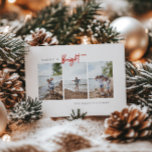 Merry and Bright Modern Minimalist Photo Holiday Card<br><div class="desc">Modern minimalist typography design "Merry & Bright" Christmas photo card. Features,  three vertical photo spaces,  festive red "bright" script and coordinating rustic red colour backing. Template text lines for family name on front,  message and names on back.</div>