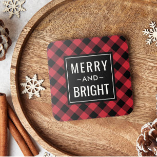 Merry and Bright Modern Red Buffalo Plaid Holiday Coaster