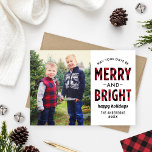 Merry and Bright Modern Red Buffalo Plaid Photo Holiday Card<br><div class="desc">Modern "Merry and Bright" photo card includes a large photo space and black text that can be personalized. Features a rustic red and black buffalo plaid / check pattern on the front and back sides of the card. Photo credit: Two Fish Photography www.twofishphoto.com</div>