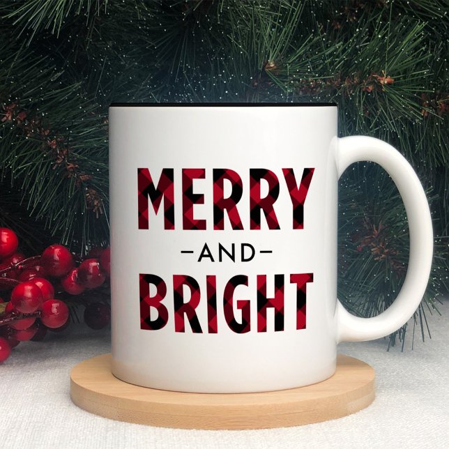 Merry and Bright Modern Red Buffalo Plaid Two-Tone Coffee Mug (Creator Uploaded)