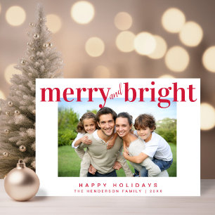 Merry and Bright Modern Red Typography Photo Holiday Card