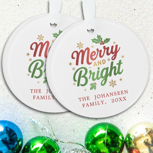 Merry and Bright Modern Retro Christmas Typography Ornament (Creator Uploaded)