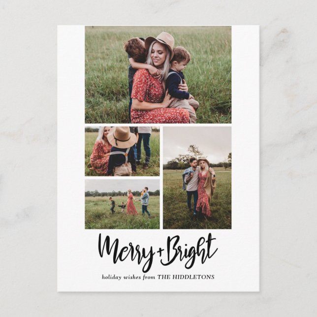 Merry And Bright | Modern Script Multi Photo Holiday Postcard (Front)