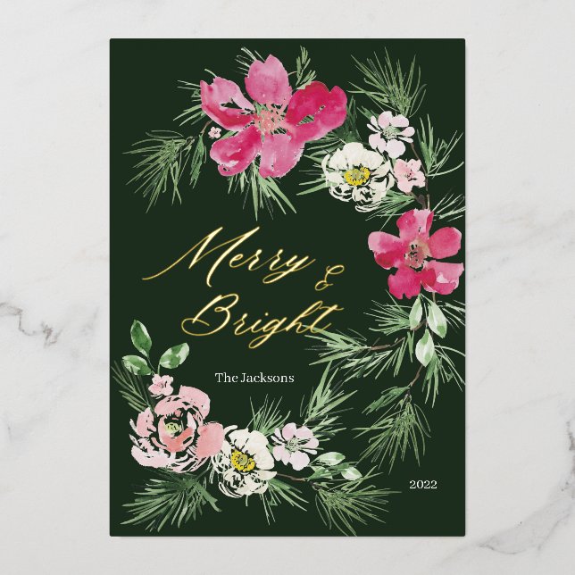 Merry and Bright Modern Scripted Design Foil Holiday Card (Front)