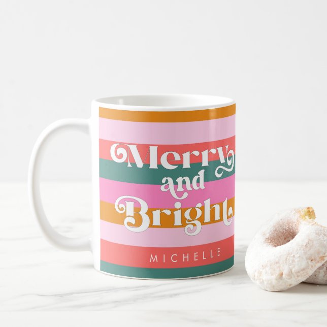 Merry and Bright Modern Stripe Christmas Custom Coffee Mug (With Donut)