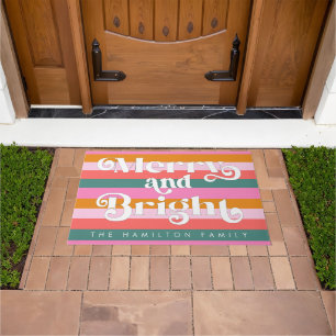 Merry and Bright Modern Stripe Christmas Custom Doormat