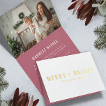 Merry and Bright | Modern Stylish Christmas Photo Foil Card<br><div class="desc">A stylish modern holiday photo gold poil greeting card with a bold typography quote "Merry Bright" in gold with a berry vintage rose pink feature color on the inside. The greeting and name can be easily customized for a personal touch. A trendy, minimalist and contemporary christmas design to stand out...</div>