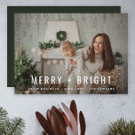 Merry and Bright | Modern Stylish Christmas Photo Holiday Card<br><div class="desc">A stylish modern holiday photo flat greeting card with a bold typography quote "Merry Bright" in white with a dark forest green feature color on the reverse. The greeting and name can be easily customized for a personal touch. A trendy, minimalist and contemporary christmas design to stand out this holiday...</div>