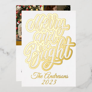 Merry and Bright Modern Trendy Christmas Photo Foil Holiday Card
