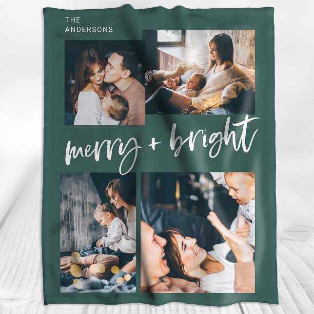 Merry and Bright | Multi Photo Grid Christmas Fleece Blanket (A festive green holiday blanket with modern casual script and four of your family photos)