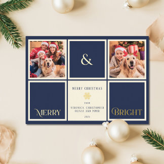 Merry And Bright Navy Blue Gold Foil 2 Photo  Foil Holiday Card