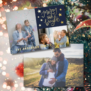 Merry and Bright Navy Blue Personalized Photo Gold Foil Holiday Card