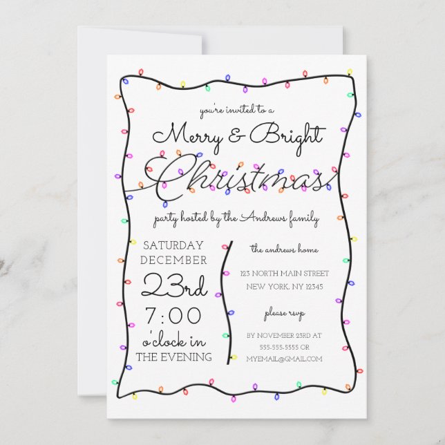 Merry and Bright Neon Glow Lights Border Christmas Invitation (Front)