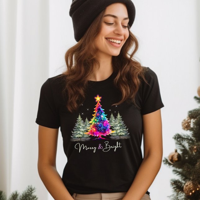 Merry and Bright Neon Glowing Christmas Tree Black T-Shirt (Creator Uploaded)