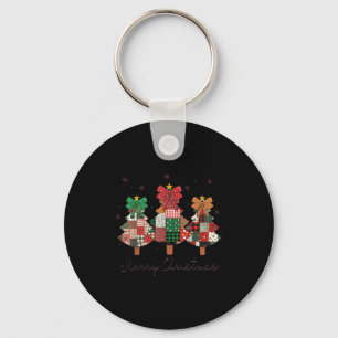 Merry And Bright Patchwork Christmas Tree Vintage Keychain
