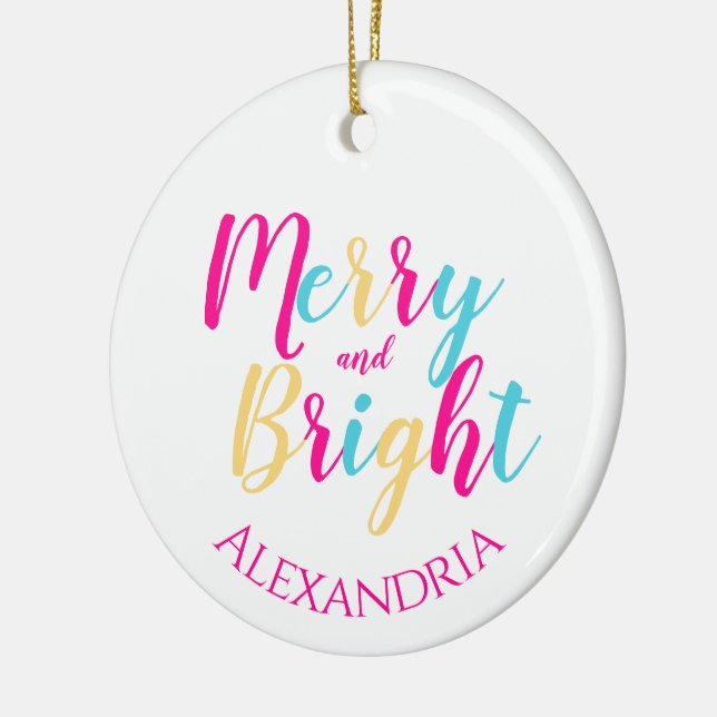 Merry and Bright Personalized Colourful Christmas Ceramic Ornament (Left)